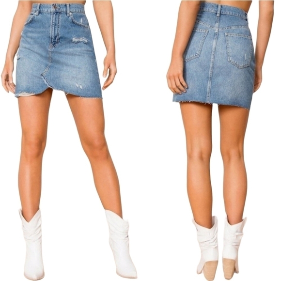 Free People Denim Mini Skirt 27 Hallie Midstone Distressed Raw Hem Boho - Picture 1 of 10